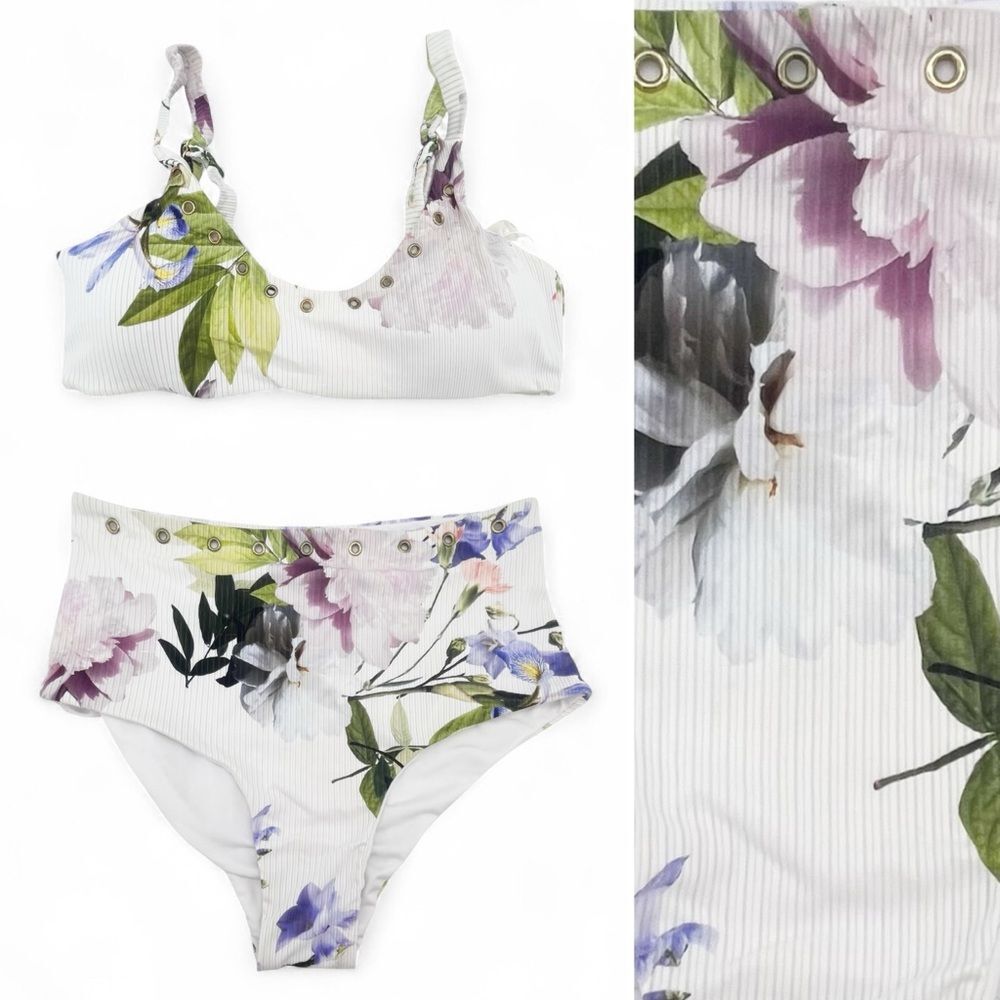 NWT TiniBikini Floral Ribbed Bikini Set S/M Eyelet Detail Swim White Lavender